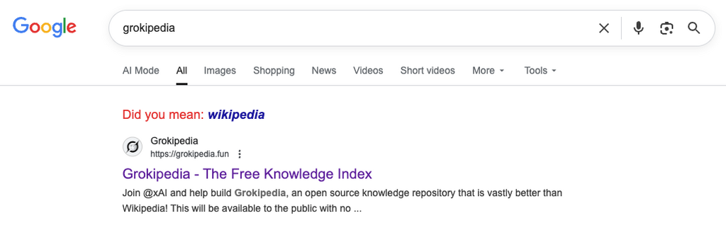 撰文時,grokipedia.fun 仍然排列搜尋結果首位。