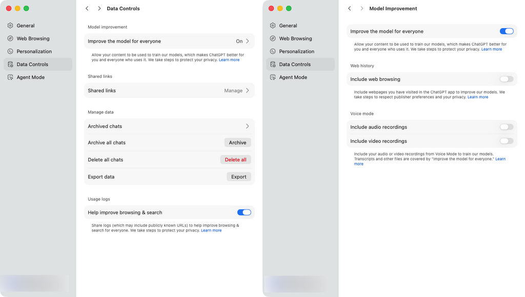 雖然 OpenAI 強調預設不會將瀏覽內容用於訓練模型,但進入資料控制設定就會發現預設仍是會將用戶輸入查詢和交談的資料用作訓練模型,需手動關閉。
