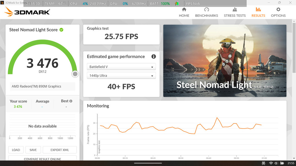 ROG Xbox Ally X (2025) 的 3DMARK -Steel Nomad Light 得分。