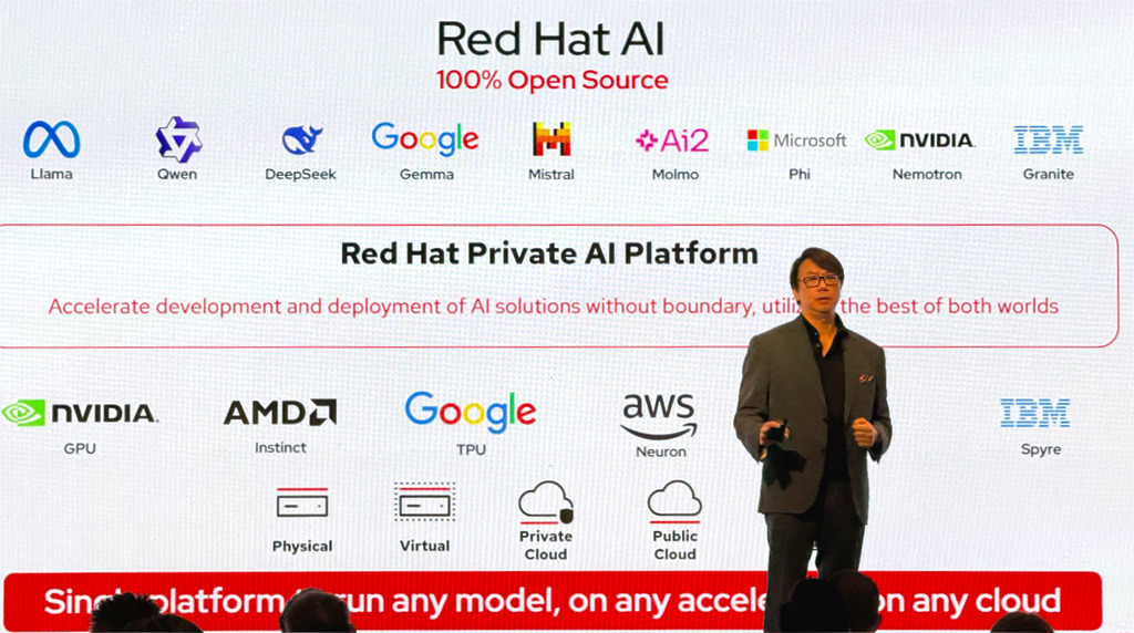 Red Hat 目標是打造一個既開放又安全的 AI 平台,結合國內外各種語言模型、不同廠商的 GPU、混合雲和公共雲平台,100% 透明、保障使用和營運的主權,讓客戶能選擇最合用的 AI 元件來打造自己的 AI 軟件堆疊。