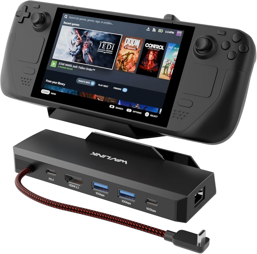 只要將遊戲掌機放在 WAVLINK 遊戲擴充基座正面插座上,再接上 USB-C 就能使用。