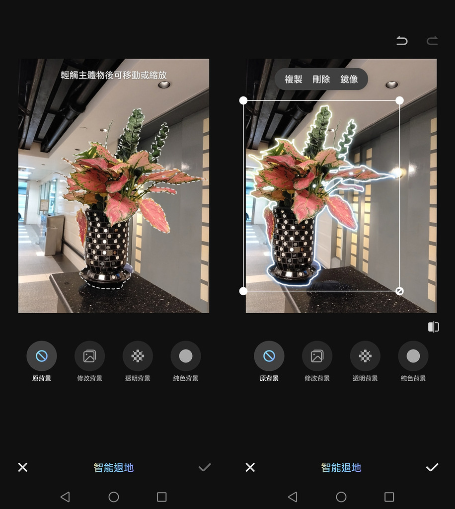 智能退地可以將主體從畫面中抽出、更改大小及調整位置。