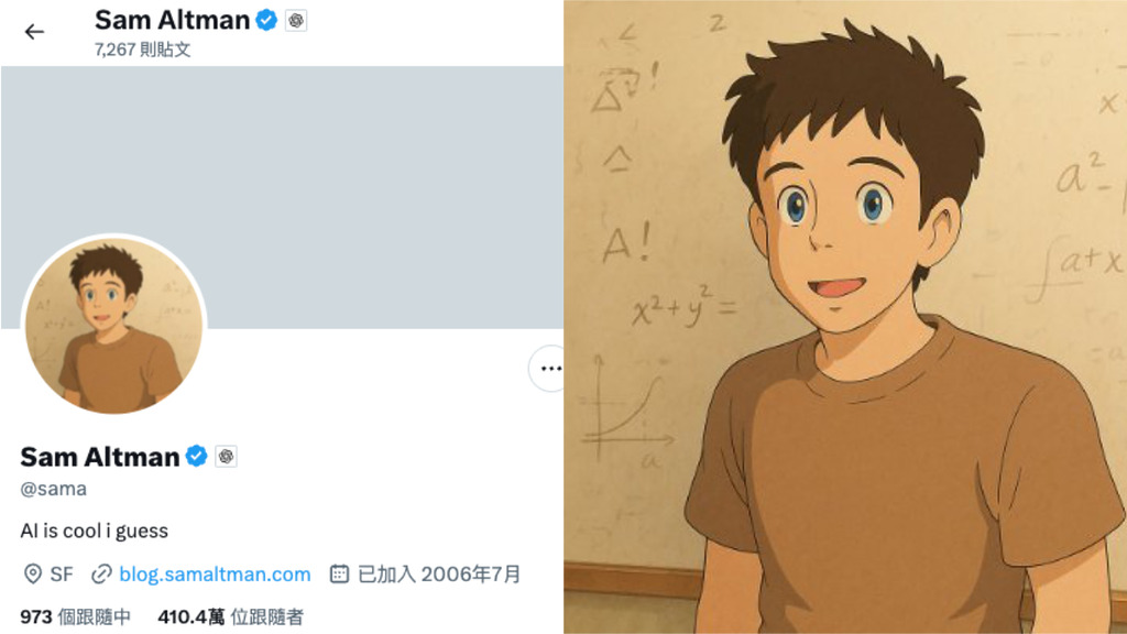 連 CEO Sam Altman 的頭像都是吉卜力風格,令人相信 OpenAI 在訓練 AI 時有使用日本動漫作品。