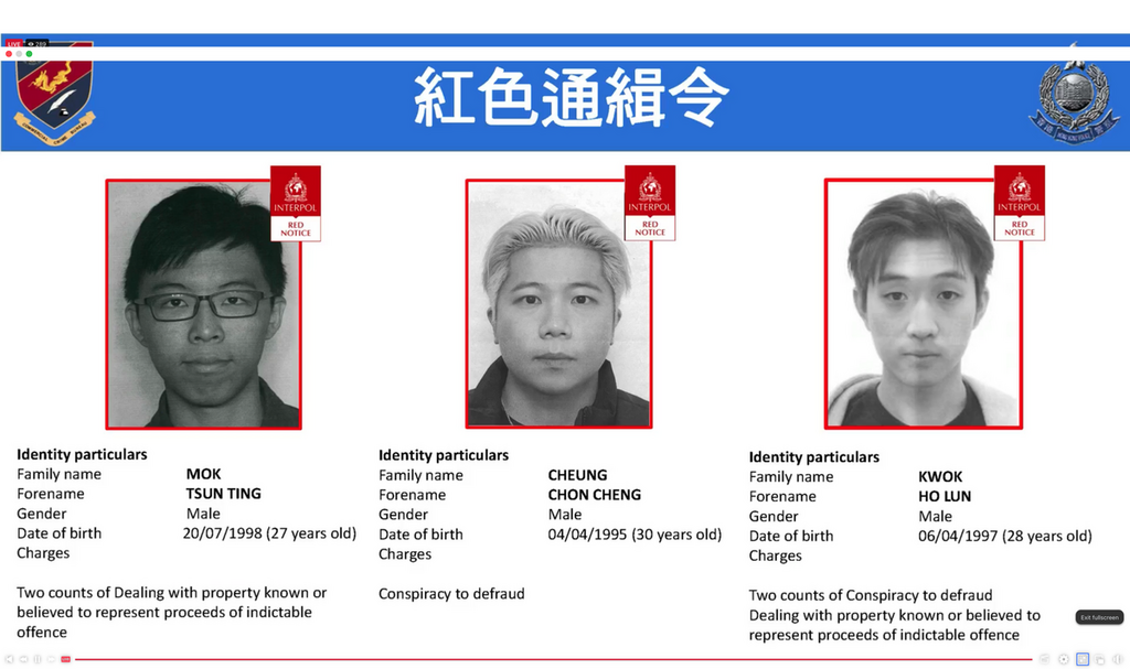 警方又透過國際刑警向 2 名在逃主腦及 1 名骨幹成員發出紅色通緝令。