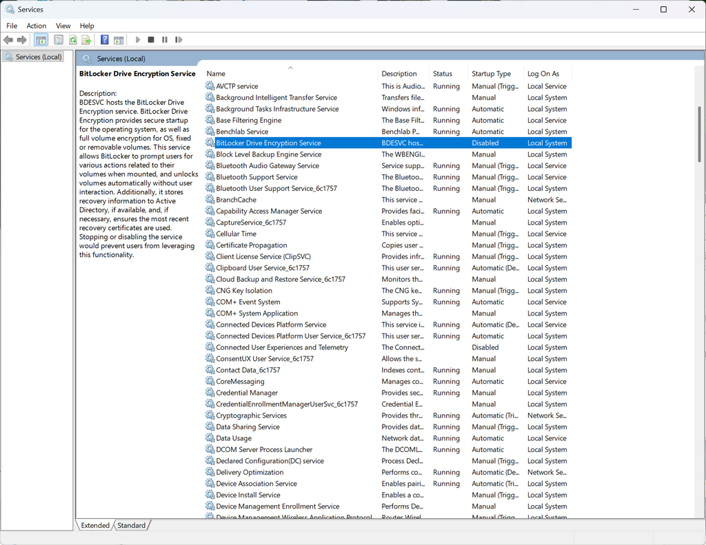 2. 在 Services 清單中找尋 BitLocker Drive Encryption Service,雙點擊進入設定介面;