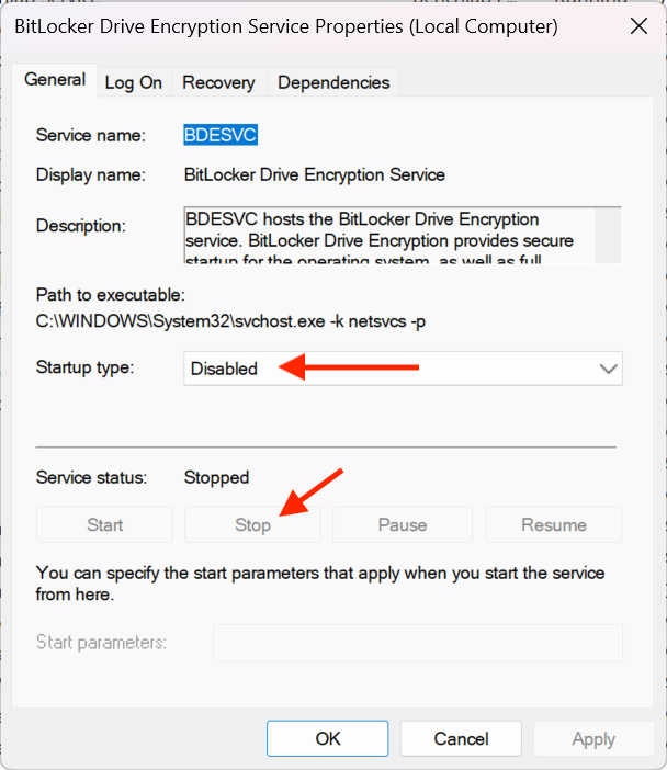 3. 在 Service status 按 Stop 按鈕關閉服務,同時將 Startup type 設定為 Disabled。按 Apply 套用設定後,按 OK 關閉視窗,然後重新開機確保設定生效。