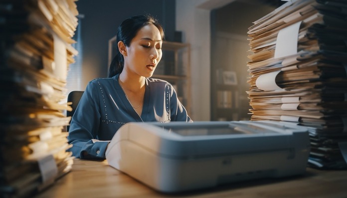 女文員在掃描紙張文件