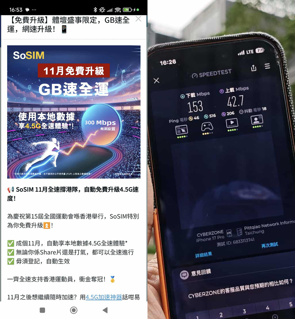 小編在九龍灣區實試，雖然只有 150Mbps 的下載速度，但已經比原本 SoSIM 21Mbps 的速度快得多。