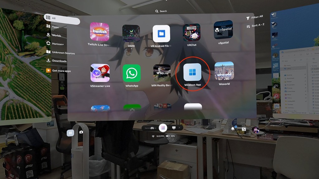 因故中斷連接後，除了等虛擬按鈕再顯現之外，如果有在 Quest 3/3s 安裝《Windows》App 就可以主動啟動連線。