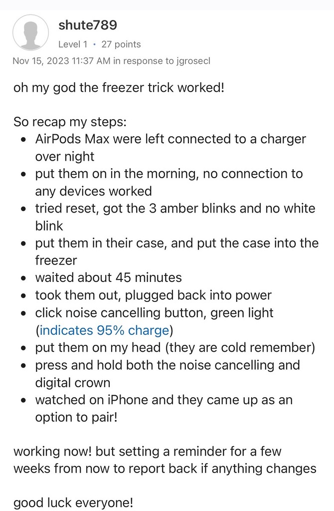 討論區上有人分享他們使用 「冷凍法」來修復 AirPods Max 的故障,