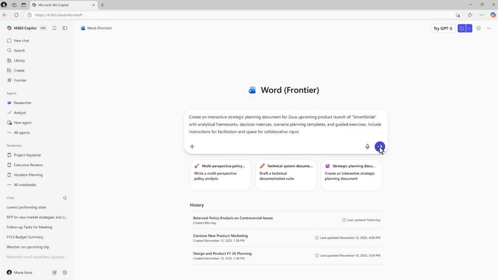 在 Copilot 聊天介面召喚 Word / Excel / PowerPoint 代理，指揮 AI 代理利用你的文件等資料製作文件。