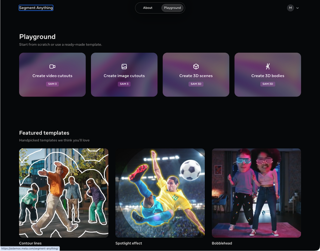 Segment Anything Playground 提供三款模型四種玩法，讓大家了解 SAM 3 和 SAM 3D 的功能。