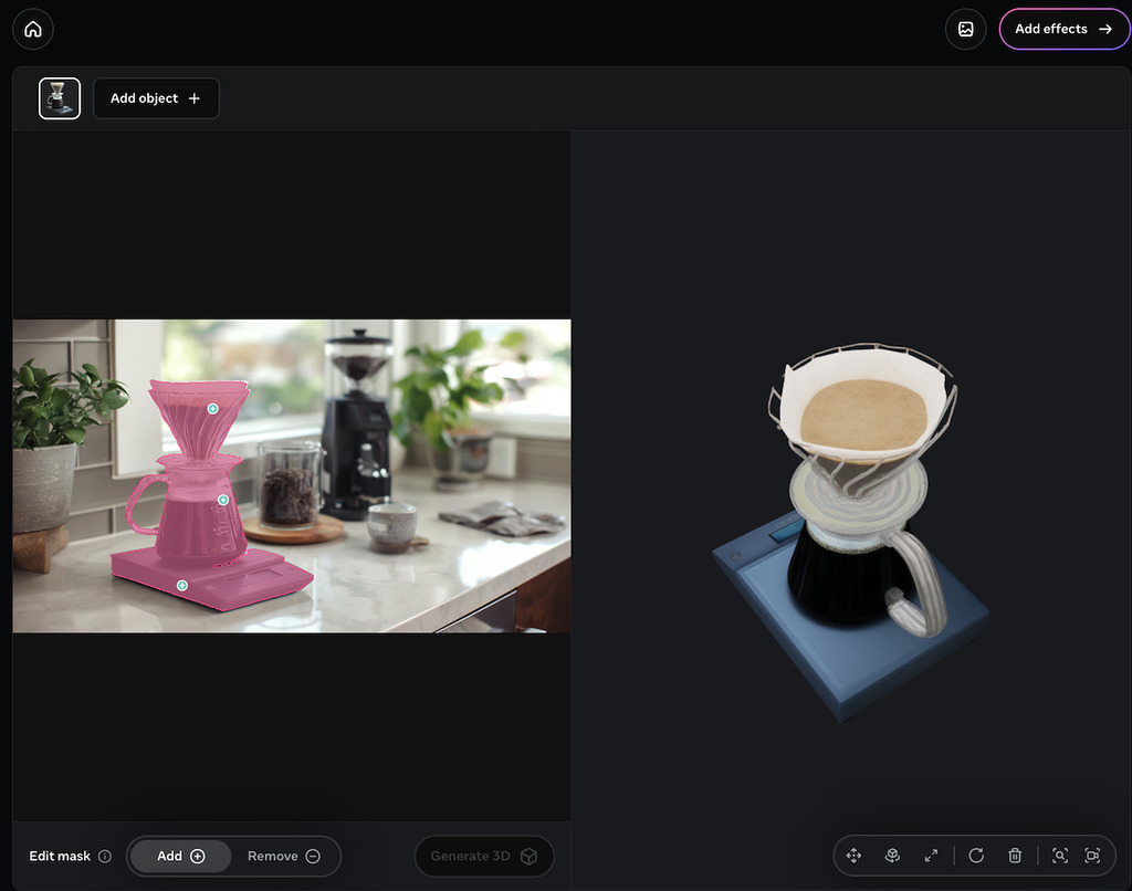 SAM 3D Object 抽取出咖啡壼，並重建成帶材質的 3D 模型。