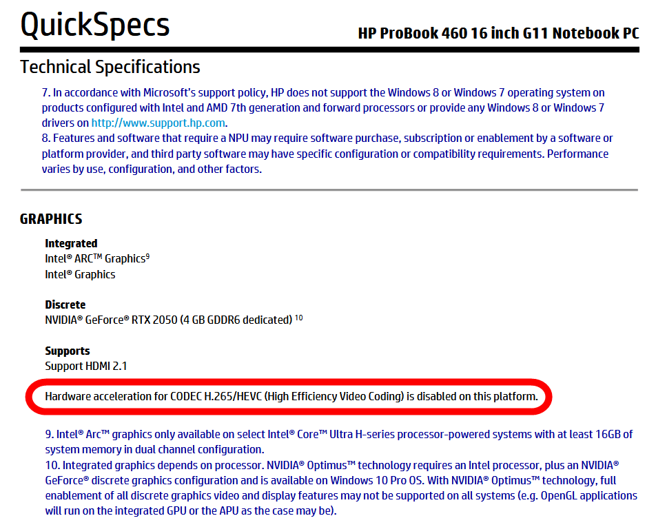 HP 在受影響型號的規格書裡以小字聲明 HEVC 硬解無效。