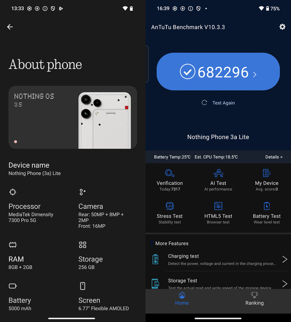 處理器是 MTK 的 7300 Pro 5G,配以 8GB RAM + 256GB 容量。新機的 Antutu 跑分成績約為 682,000 萬左右,以入門手機來說,效能不俗。
