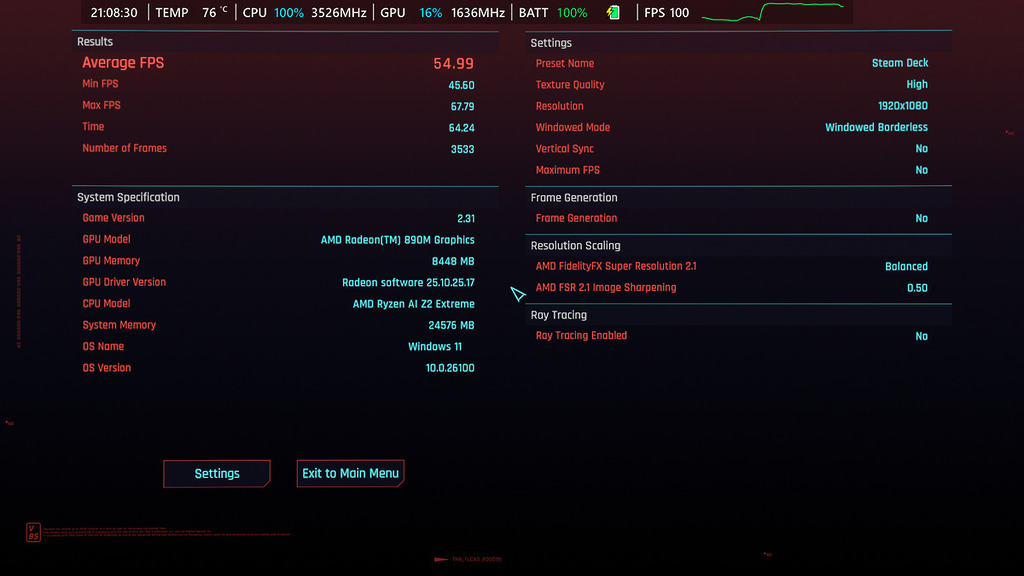 參考一下 2025 年版 ROG Xbox Ally X (2025) 的相同設定為 54fps 左右。