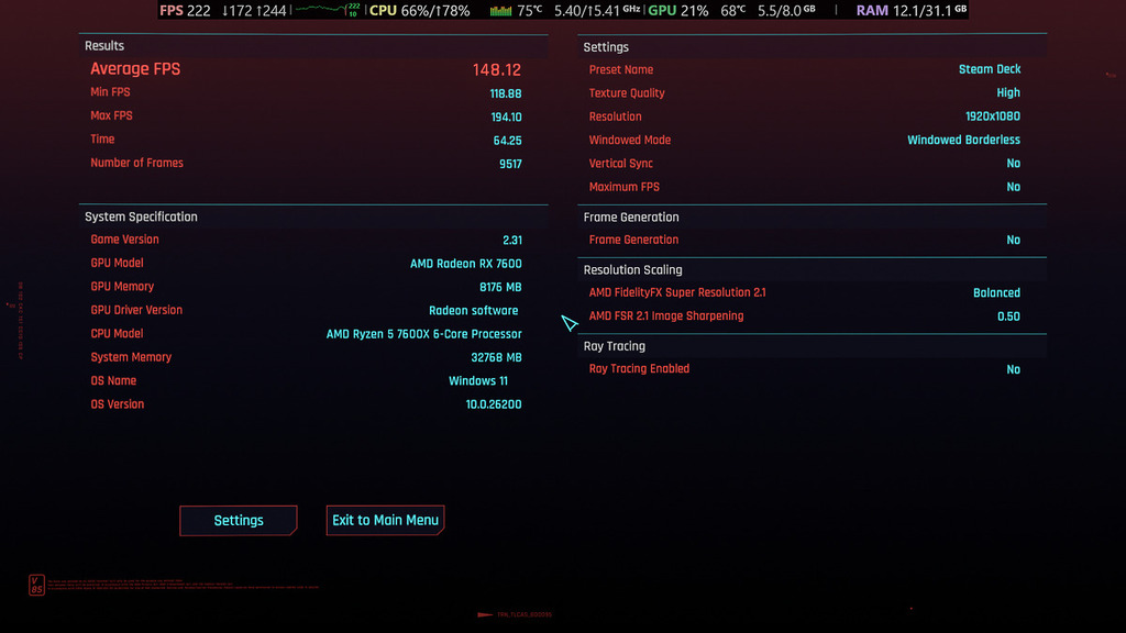 摸擬系統的 Cyberpunk 2077 -Steam Deck 設定達到 148fps,以 0.8x 效能折算,Steam Machine 預期有 118fps 水平。