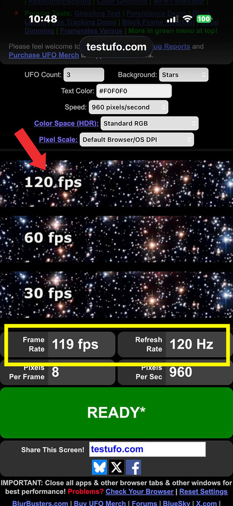 重新啟動 Safari，然後透過 TestUFO.com 測試屏幕刷新率。