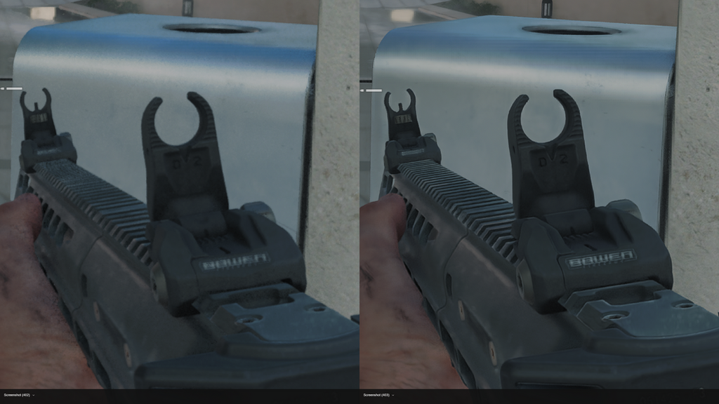 FSR3(左)vs FSR4(右),注意準星上的刻字及擴充軌的細節。