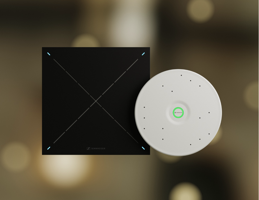 TeamConnect Ceiling Solutions 包含 TCC 2（左）和 TCC M（右），可為大中型協作空間提供卓越可靠的音質，支援靈活的房間佈局設計。