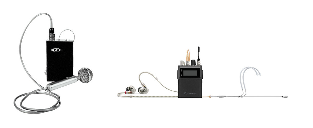從過去到現在：上世紀50年代Sennheiser開發首款無線麥克風系統Mikroport（左：Mikroport發射機）和最新推出的Spectera寬頻雙向數位無線生態系統（右：Spectera SEK雙向腰包發射機)