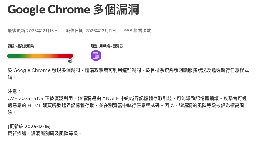 Google Chrome 及 Microsoft Edge 亦存在 CVE-2025-14174 漏洞