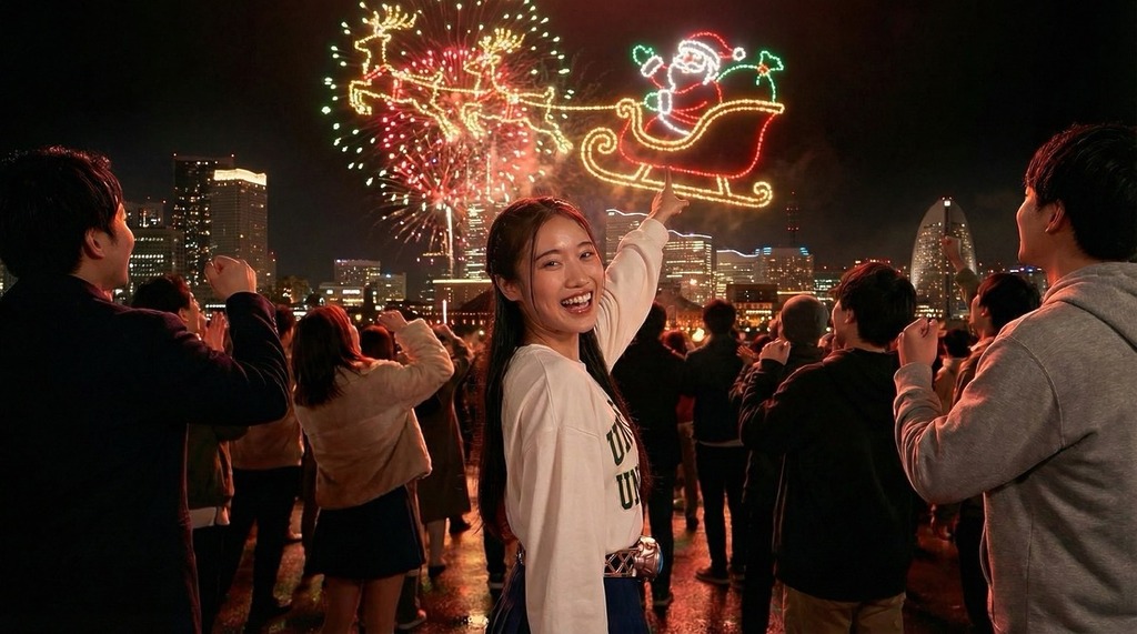Move the camera into the crowd of people. The [woman in the attached image] looking back to the camera, pointing to the [Santa Claus] fireworks in the sky, showing a happy expression. The scene should include a city silhouette in the background.