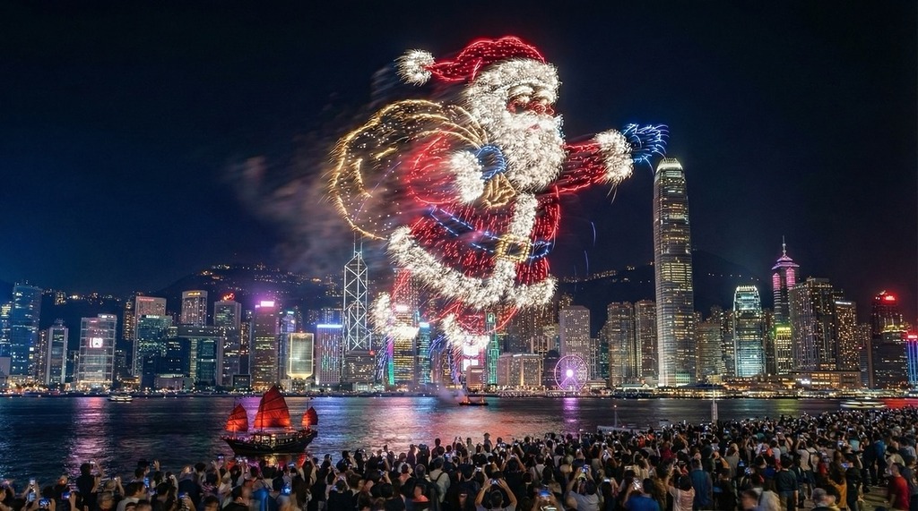 [物件] ：Santa Claus，[地名]：Hong Kong waterfront cityscape。