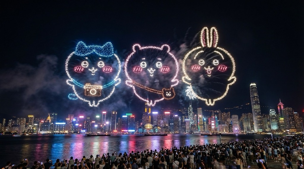 除了以相中人物角色製作煙花之外，還可以在提示句加入如「many people in the harbor front watching the fireworks」，將人群帶到海旁一起觀看煙花。