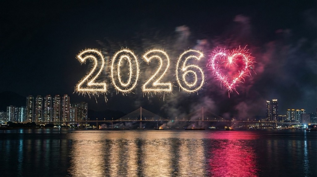 [物件] ："2026 💕" string，[地名]：Hong Kong Tseung Kwan O waterfront cityscape。