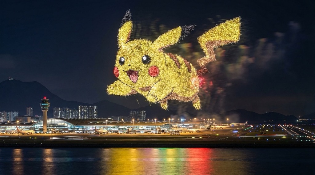 [物件] ：Pikachu，[地名]：Hong Kong International Airport。