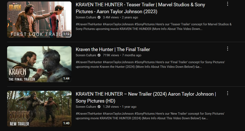 Screen Culture 是其中一個非常出名的假電影預告頻道，團隊會剪輯不同的電影片段，再配合生成式 AI 製作一些幾可亂真的假電影預告。