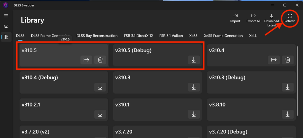 按一下右上角的 Refresh 按鈕，就會在 Library 裡見到 v310.5 的項目。