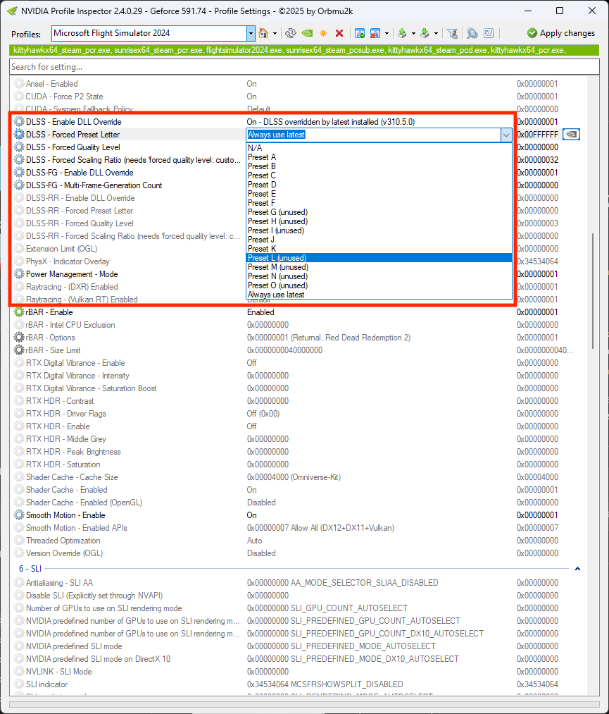 開啟 NVIDIA Profile Inspector，選擇遊戲的 Profile 後，可以在 5. Common 區段裡詳細修改 DLSS 各參數。