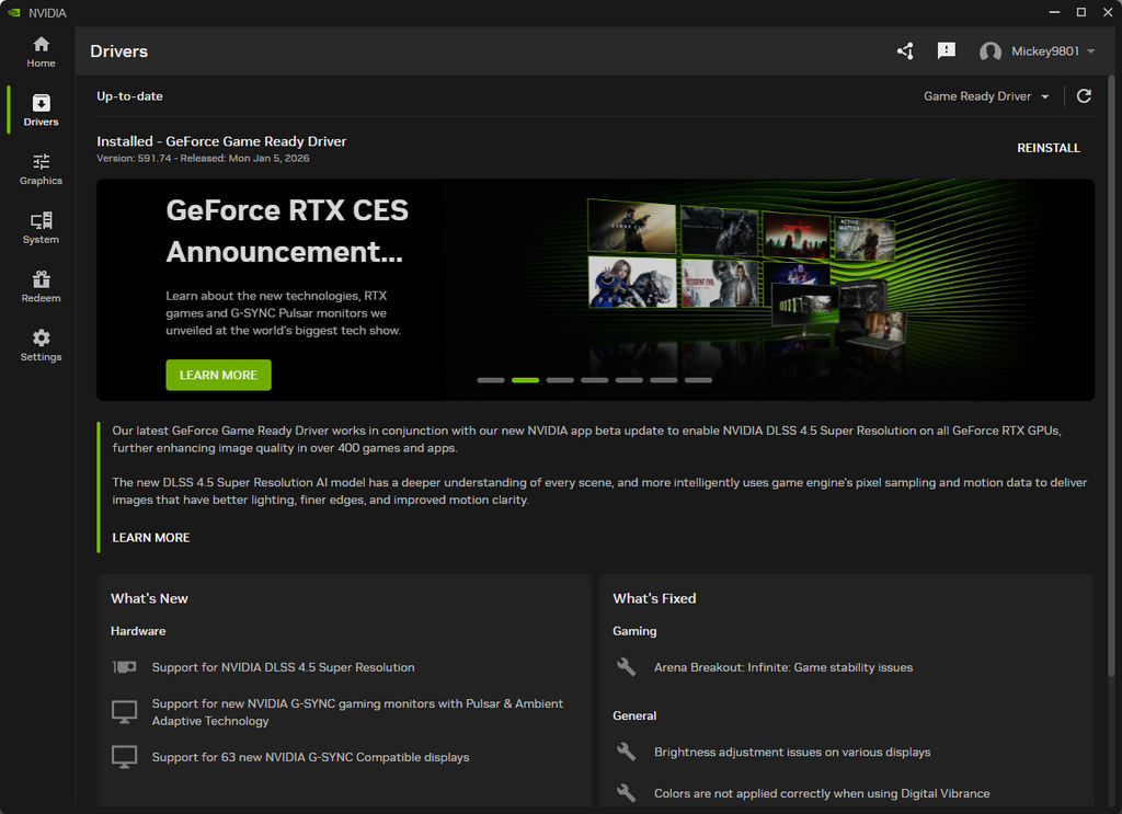 想享用 DLSS 4.5，首先當然要將驅動程式升級至 591.74 版本。