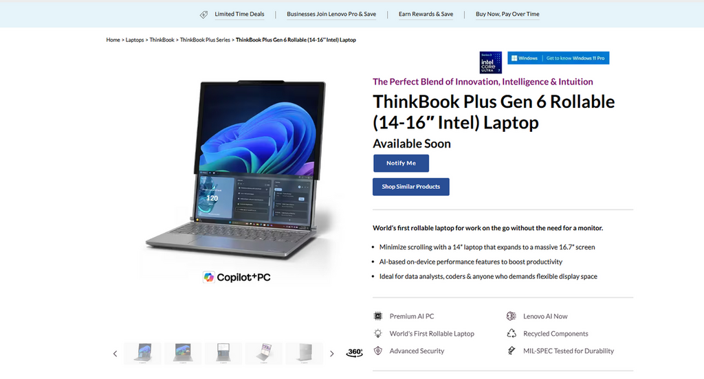 Lenovo 於去年的 CES 2025 中也發表過另一款直向捲軸屏幕的筆記簿電腦 ThinkBook Plus Gen 6 Rollable，不過該款機因為零售價相當高，要 $3,299 美元（約 HK$25,700），至今仍未有正式推出發售。