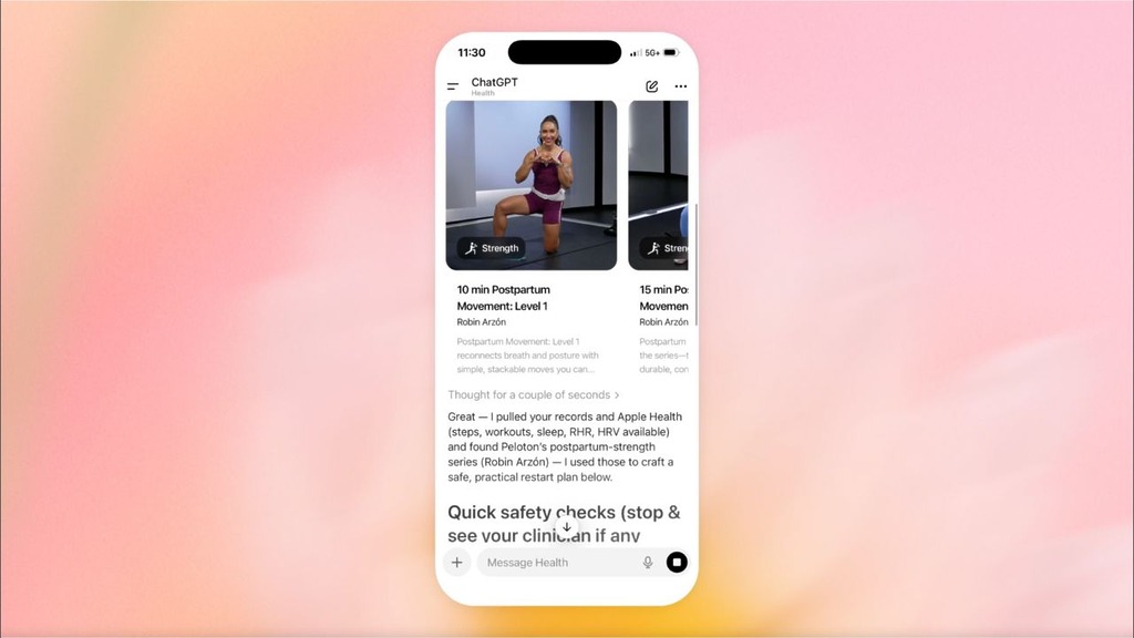 ChatGPT Health 可為用戶生成個人化的運動計畫。