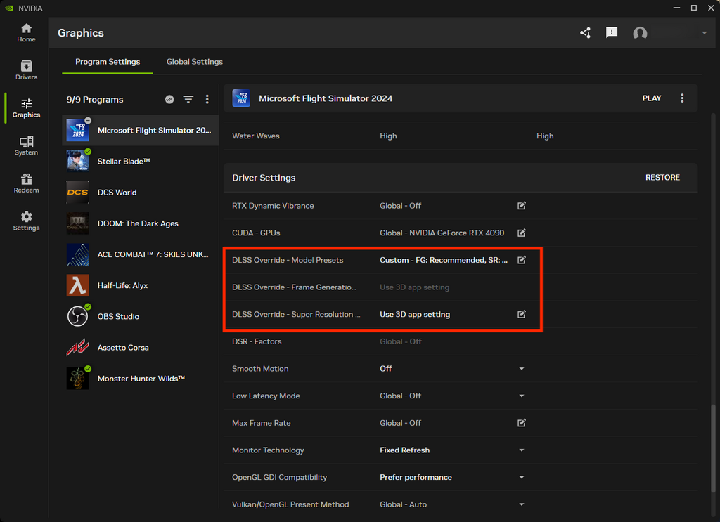 將「DLSS Override - Frame Generation」和「DLSS Override - Super Resolution」 都設為「Use 3D app setting」。