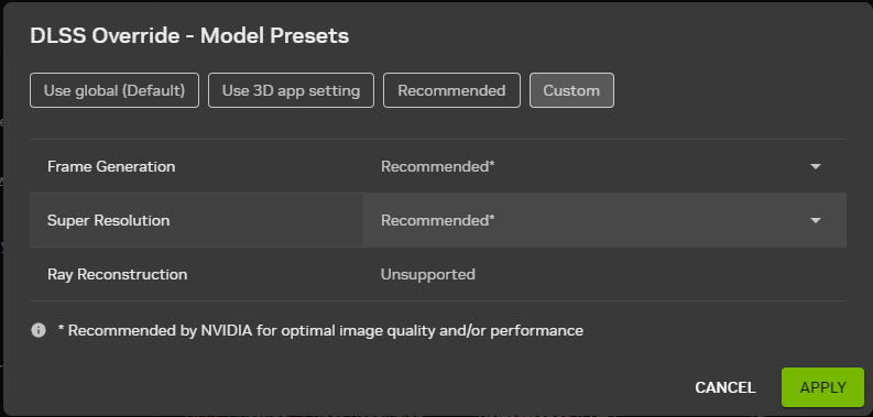 在遊戲的「Driver Settings」部分裡的「DLSS Override - Model Presets」將「Frame Generation」、「Super Resolution」和「Ray Reconstruction(如適用)」都改為「Recommended*」。