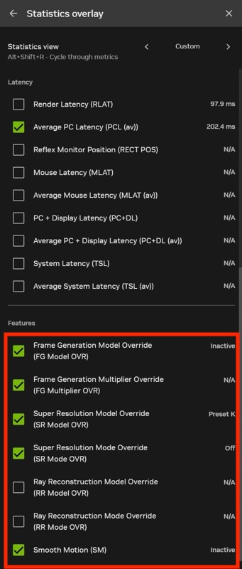 想觀察切換到哪個 Preset,可以在 NVIDIA Overlay 的 Statistics 設定裡勾選相關選項。