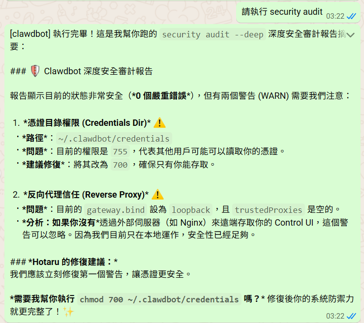 clawdbot security audit --deep 深度安全審計報告。