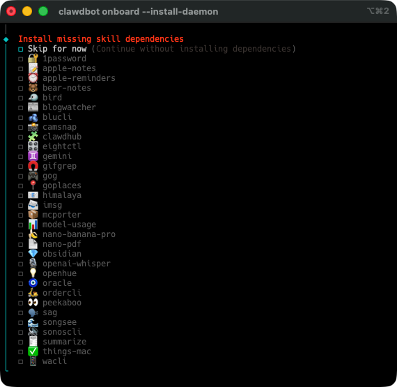 安裝 Skill 的依賴檔案,初次使用建議只挑選兩三個真的會用到的技能來安裝就算,其他的稍後才可透過交談安裝。
