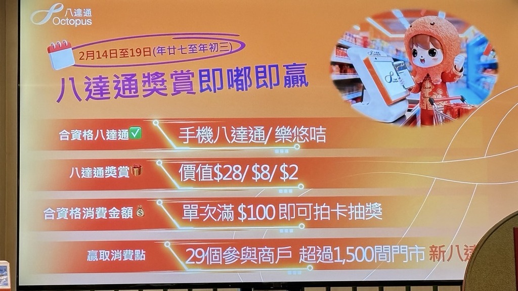 年廿七至初三期間到參與商戶單次購物滿 $100,以手機八達通或樂悠咭,透過新八達通機付款即可獲獎賞,最多 $28。
