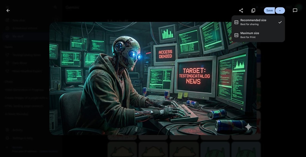 Gemini 生成圖片後，在預覽介面會有一個適合印刷的「Maximum size（最大尺寸）」的下載選項。（圖片來源：TestingCatalog）