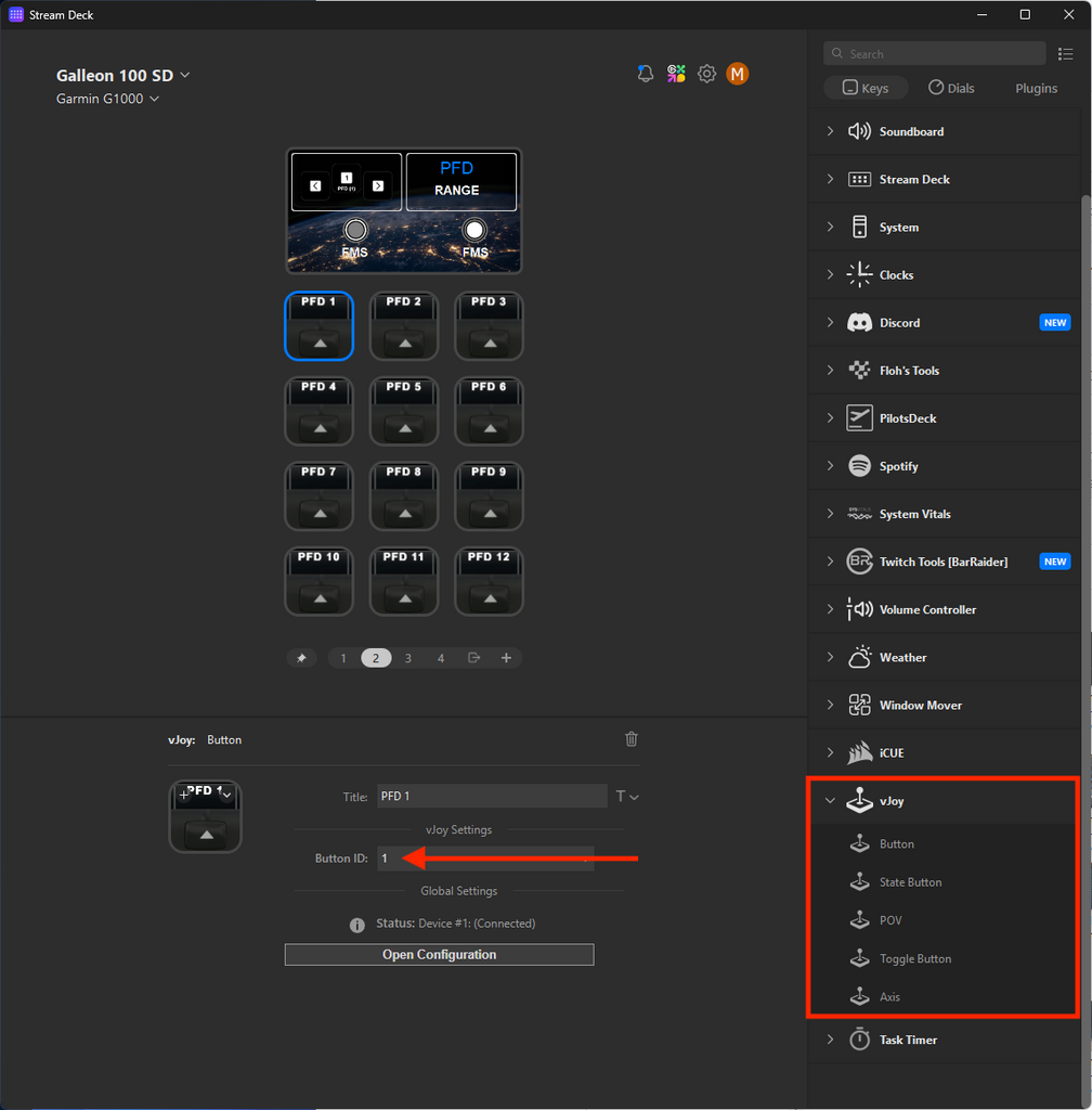 在 Stream Deck 軟件選用 vJoy 插件的按鈕/Axis 軸，設定相應的 vJoy 按鈕編號/軸名稱。