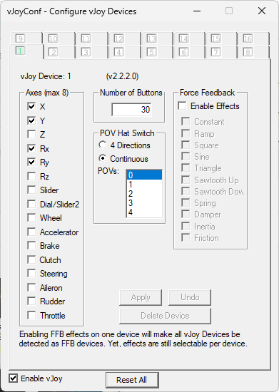 vJoy 有眾多分支，現在很多相關應用都已升級到 BrunnerInnovation 所維護的 2.2.2.0 版本。