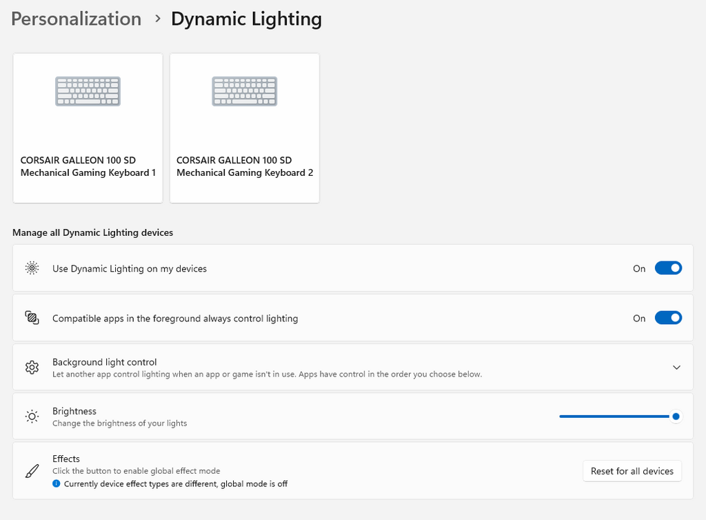 不同位置的 RGB 燈效要用不同軟件來設定，例如鍵盤是使用 Corsair Web Hub，但兩個旋鈕的 RGB 圓環就由 Windows 的 Dynamic Lighting 來管理。這方面是廠方需要改善的地方。