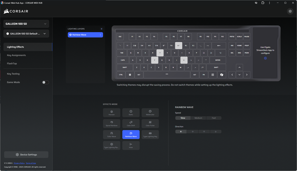 鍵盤每個鍵的 RGB 燈效可以透過 Corsair Web Hub 逐一獨立設定，並且可分成多層 (Layer) 設定。