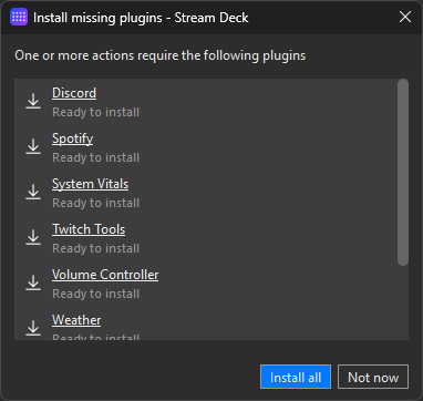 首次在 Stream Deck 軟件選用 GALLEON 100 SD 需要為 Default Profile 安裝多種插件。