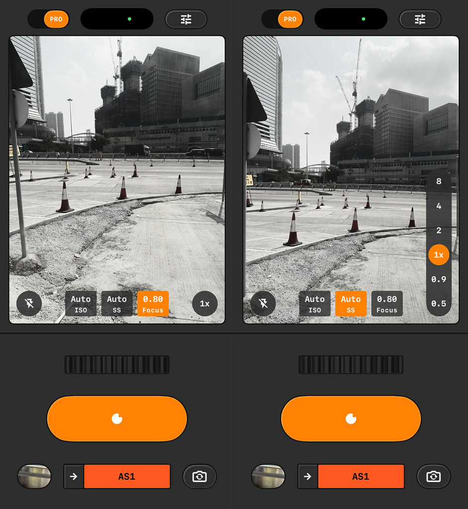 Snapseed 的專業模式使用上也很簡單，只要在 App 的取景框上方打開 Pro 模式，畫面就會顯示「Auto ISO」、「Auto SS」(Shutter Speed) 及 「Auto Focus」的選項，而在快門鍵上方會有一個數碼撥輪，用作調節上述數值，相當直觀。